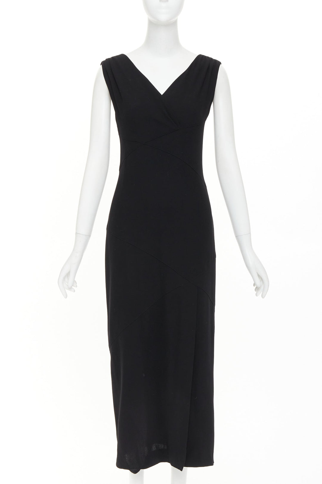 CHANEL 1998 asymmetric surplice black wool crepe cocktail sheath dress FR38 M