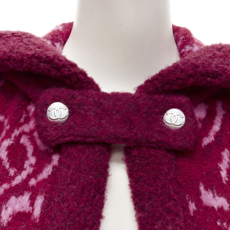 rare CHANEL red pink Camellia CC wool fluffy boucle trim cardigan jacket FR34 XS