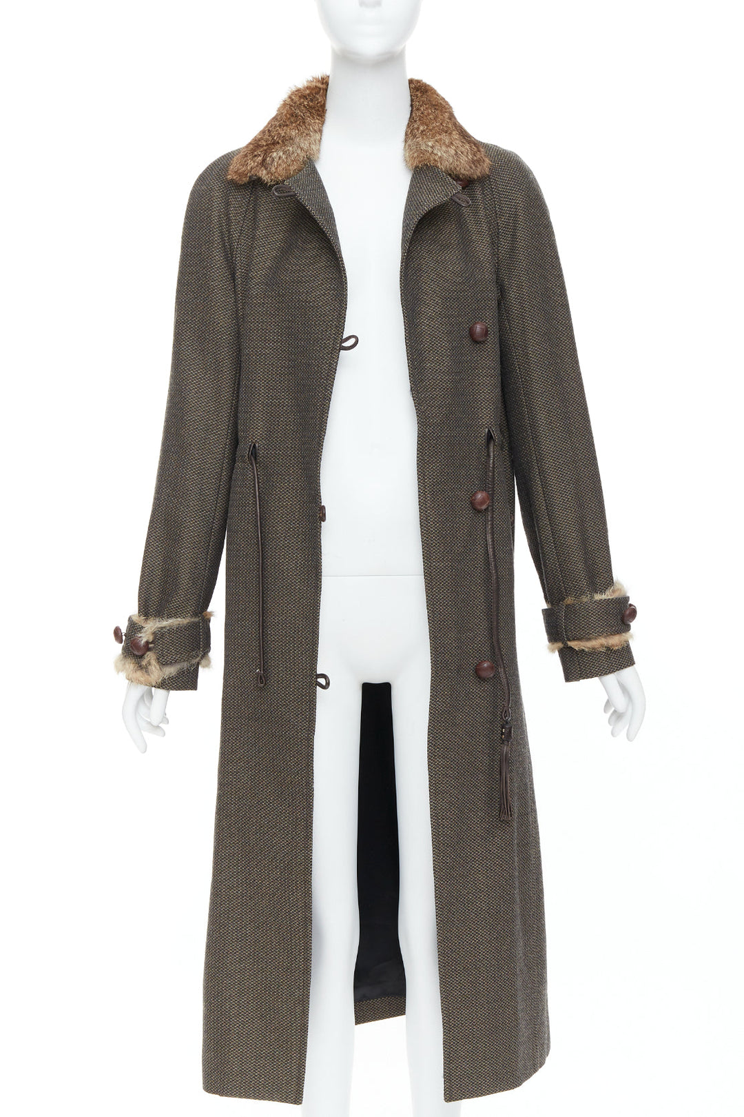 YVES SAINT LAURENT Vintage brown wool tweed fur trim maxi coat FR36 S