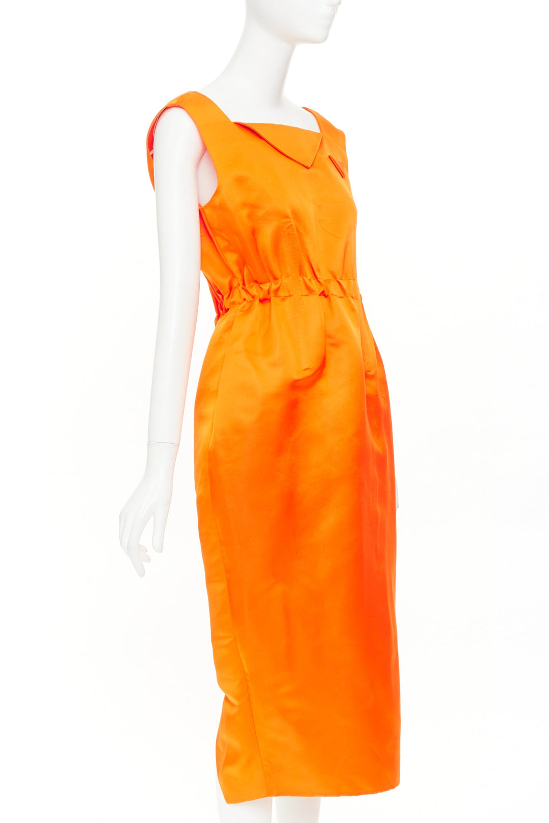 PRADA 2022 Runway orange satin triangle patch internal belt undone dress IT42