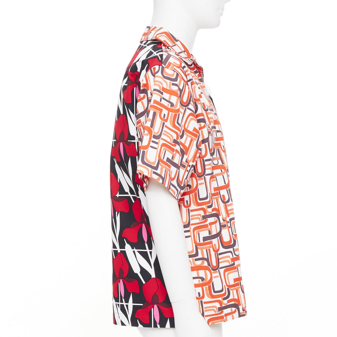 PRADA 2021 Runway Double Match geometric iris red floral split bowling shirt M