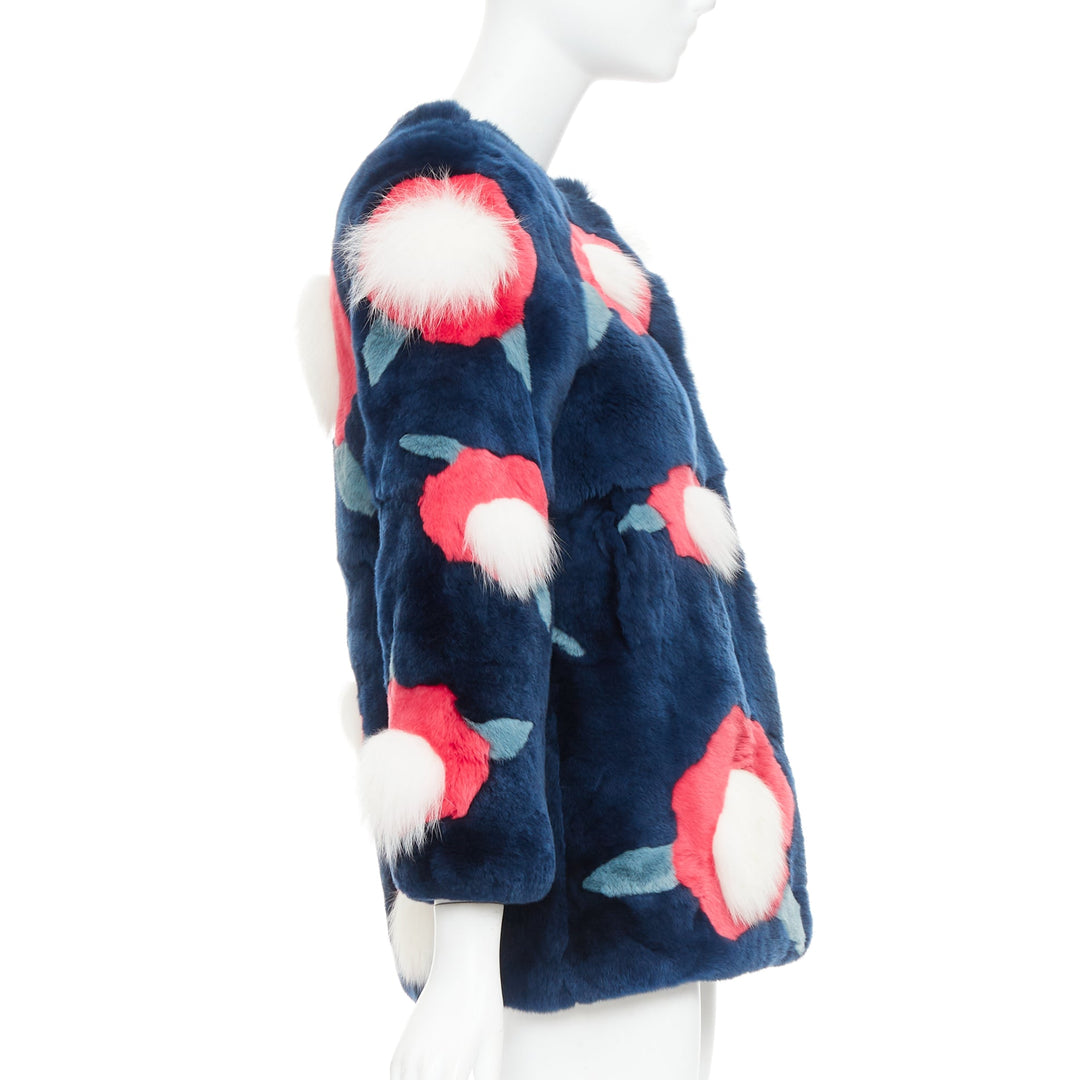 YVES SALOMON KIDS navy rabbit mink floral patchwork coat Yr10 XS