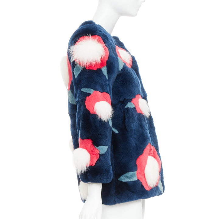 YVES SALOMON KIDS navy rabbit mink floral patchwork coat Yr10 XS