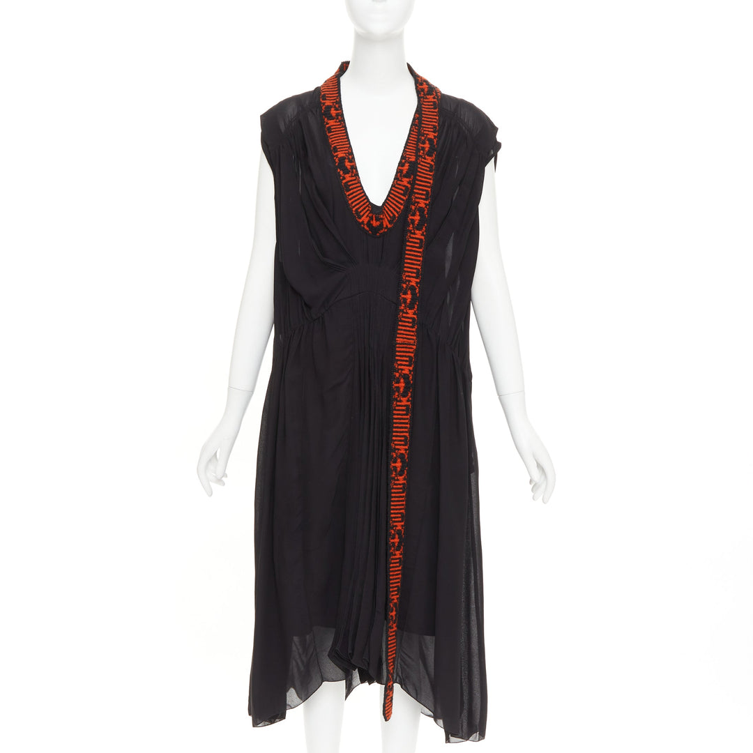 PRADA 2021 Runway black voile red sable jacquard knit neck midi dress IT38 XS