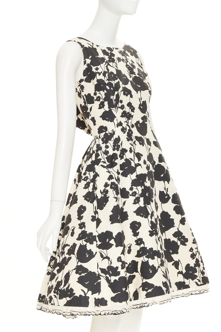 OSCAR DE LA RENTA R08  poppy floral black white silk feather hem dress US0 XXS