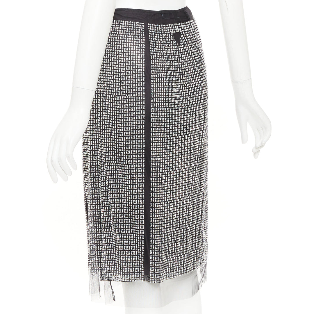 PRADA 2021 silver crystal black mesh triangle cut out lace trim skirt IT38 XS