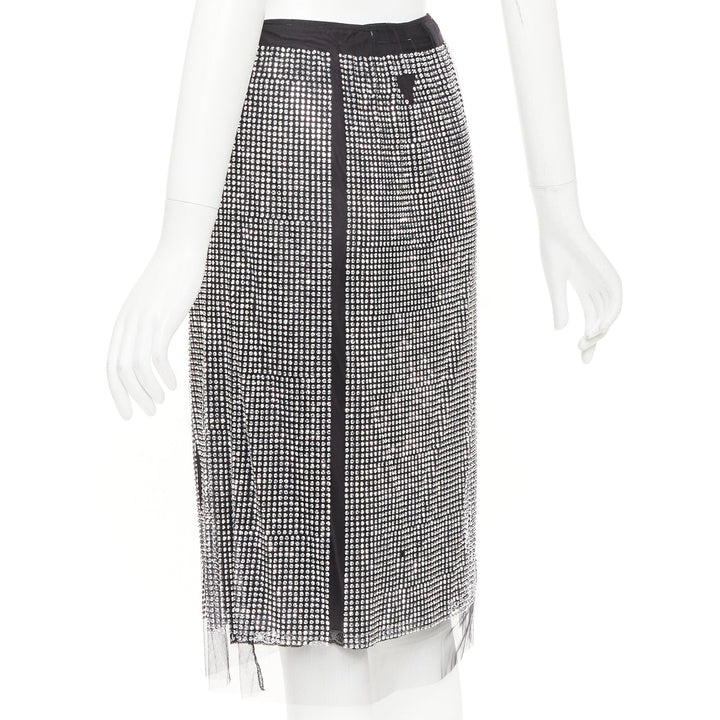 PRADA 2021 silver crystal black mesh triangle cut out lace trim skirt IT38 XS