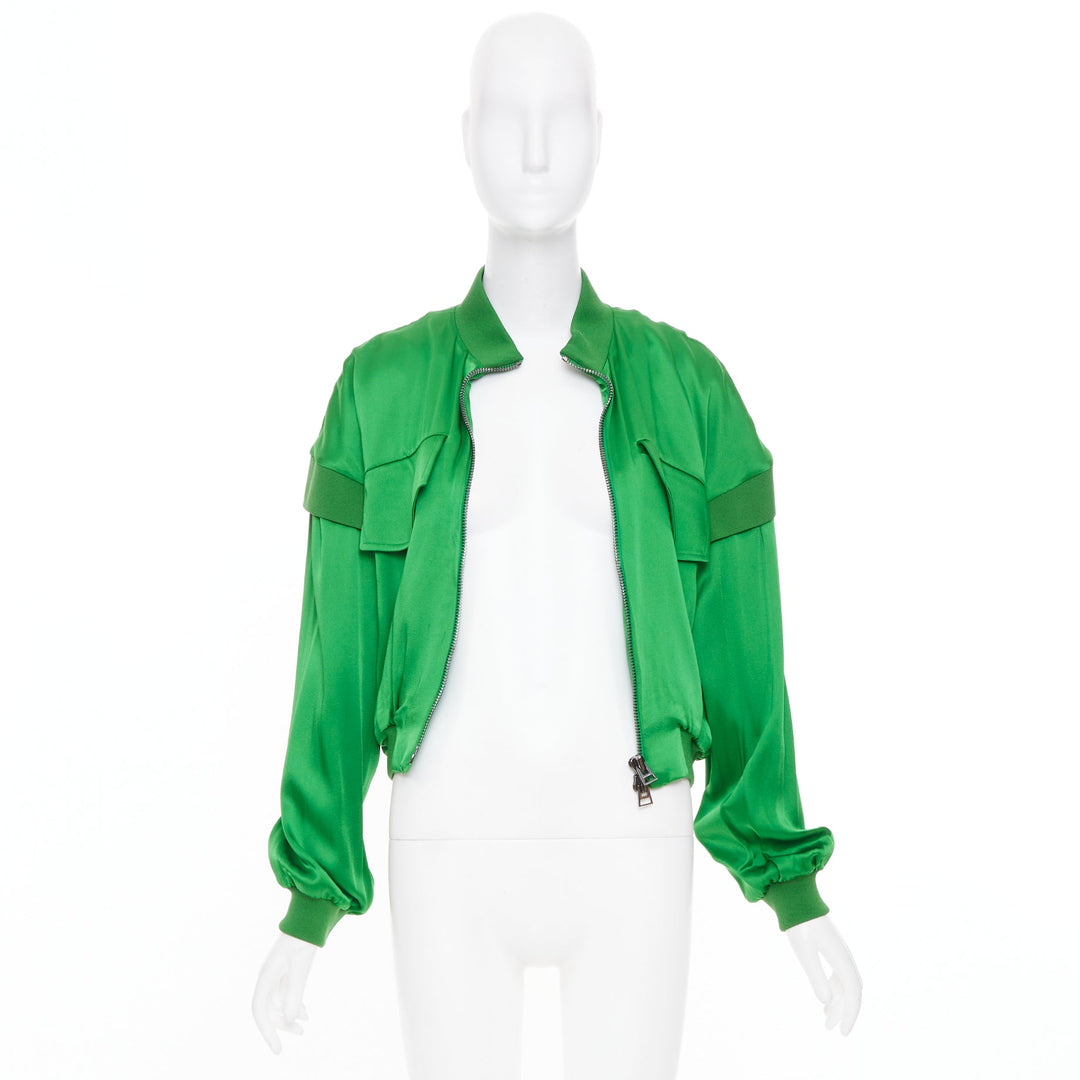 TOM FORD kelly green satin panel long sleeve zip up cropped bomber jacket FR36 S