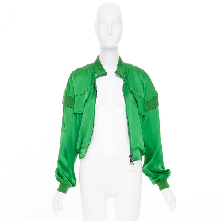 TOM FORD kelly green satin panel long sleeve zip up cropped bomber jacket FR36 S