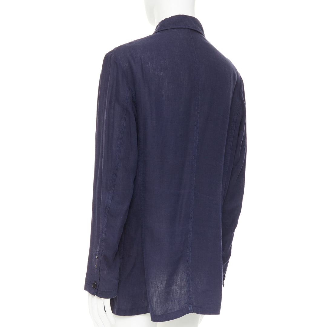 Y'S YOHJI YAMAMOTO navy linen 4-pocket safari long-line work shirt jacket JP3 L