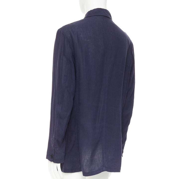 Y'S YOHJI YAMAMOTO navy linen 4-pocket safari long-line work shirt jacket JP3 L