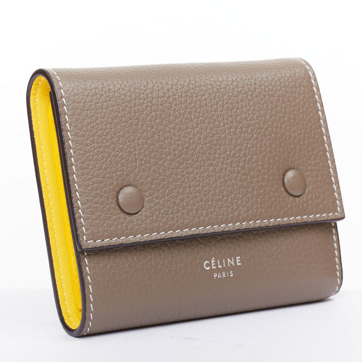 CELINE Trifold Compact Dune drummed calfskin yellow lined folded wallet
