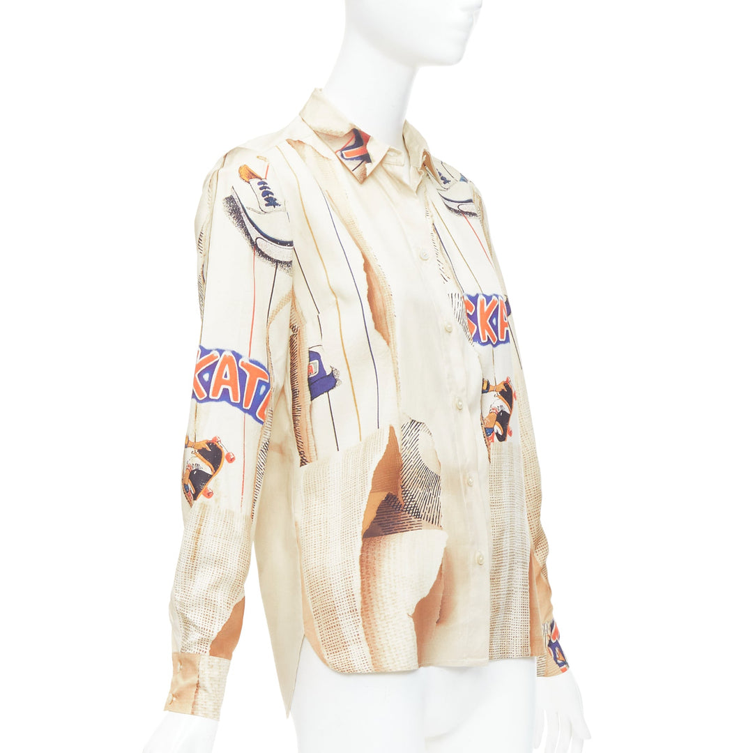 STELLA MCCARTNEY 100% silk nude skate paper print shirt IT38 XS