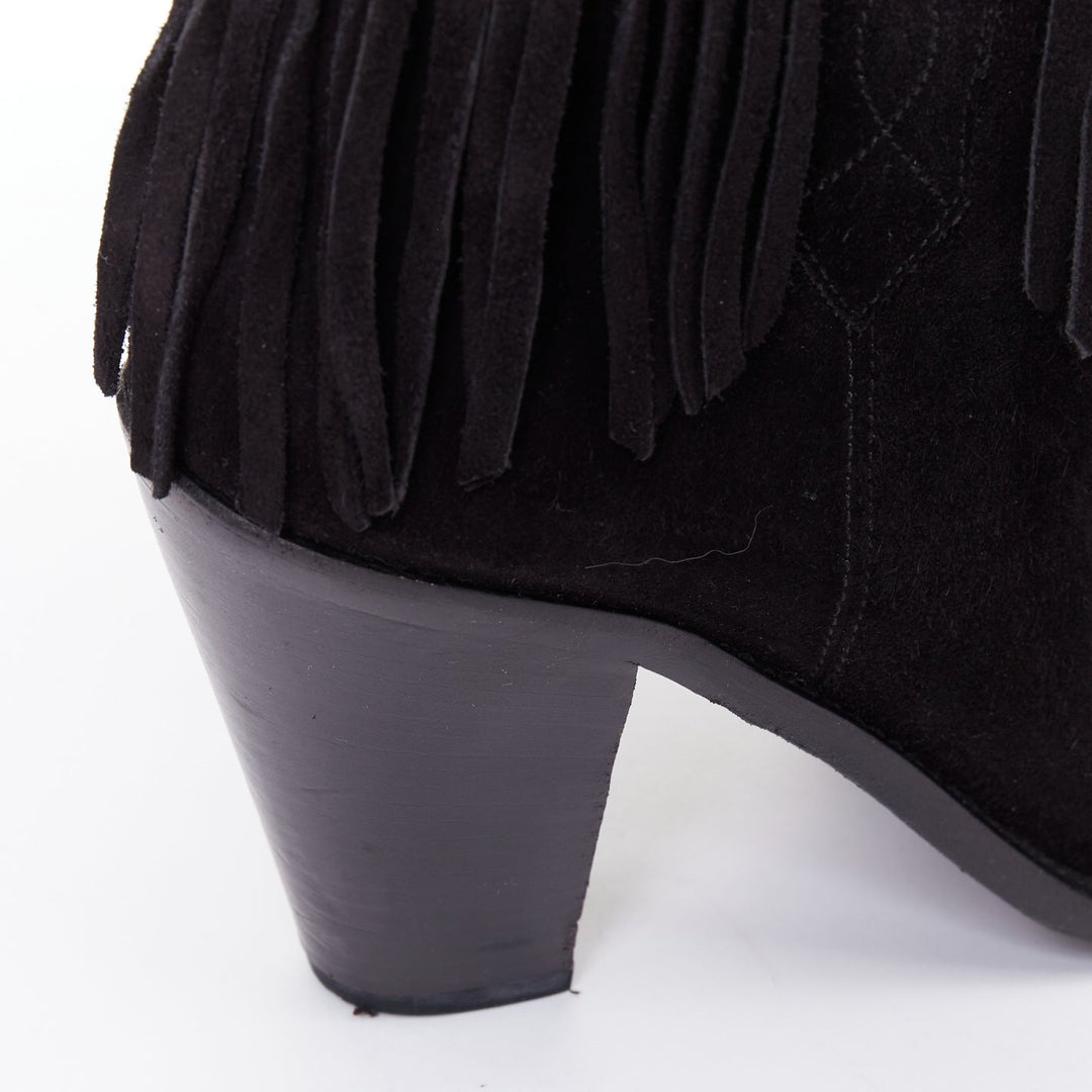 SAINT LAURENT Curtis 80 black suede fringe cuban heel western boots EU39.5