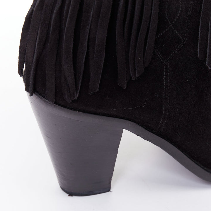 SAINT LAURENT Curtis 80 black suede fringe cuban heel western boots EU39.5