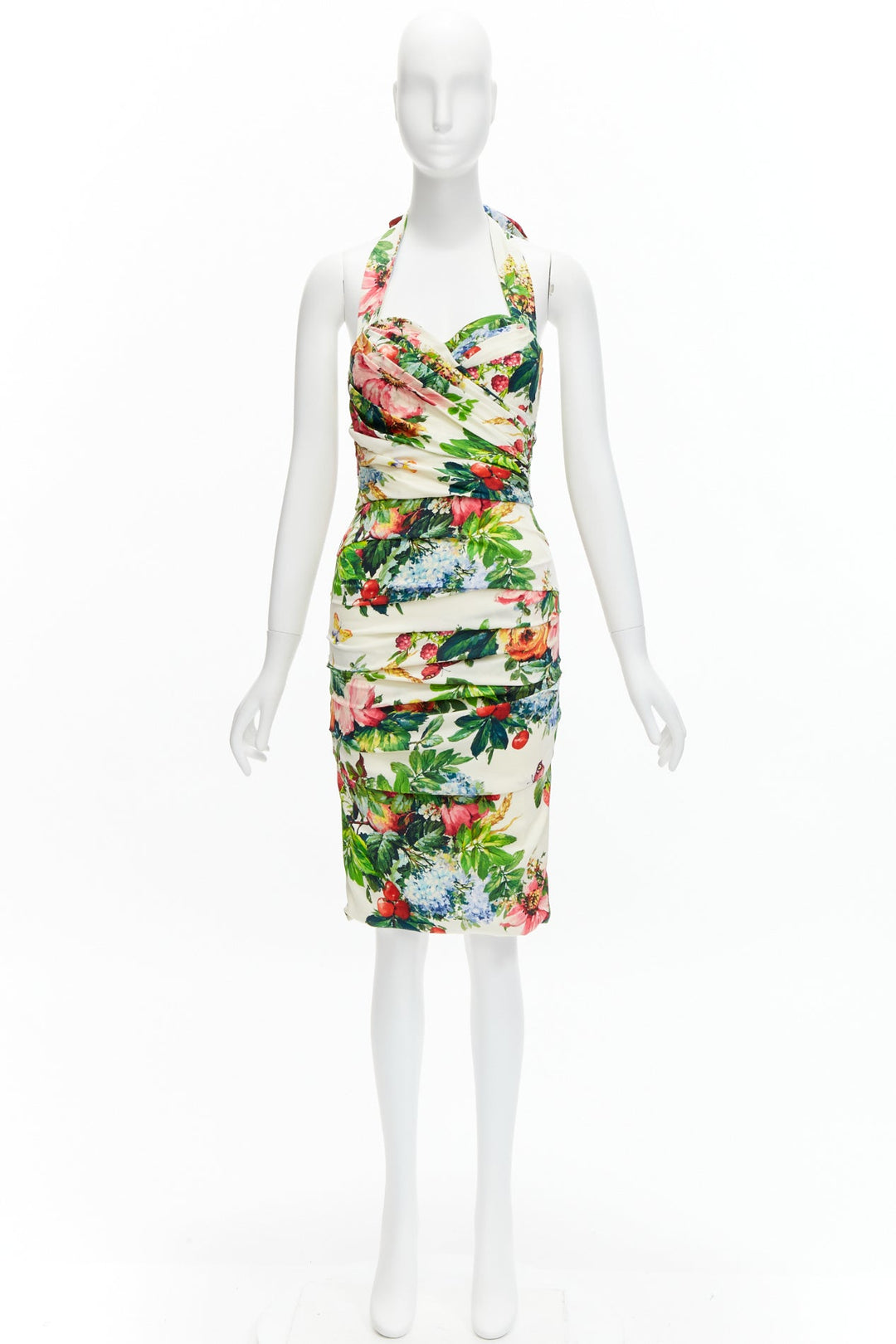 DOLCE GABBANA 2014 Runway floral silk blend ruched halter dress IT38 XS