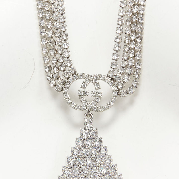 rare GUCCI ALESSANDRO MICHELE silver crystal GG triangle tassel necklace
