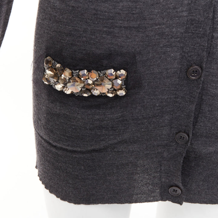 VERA WANG grey wool black tulle lined crystal embellished cardigan sweater