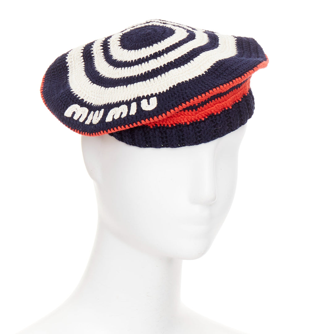 MIU MIU 2024 navy red white logo applique striped crochet knit beret hat M
