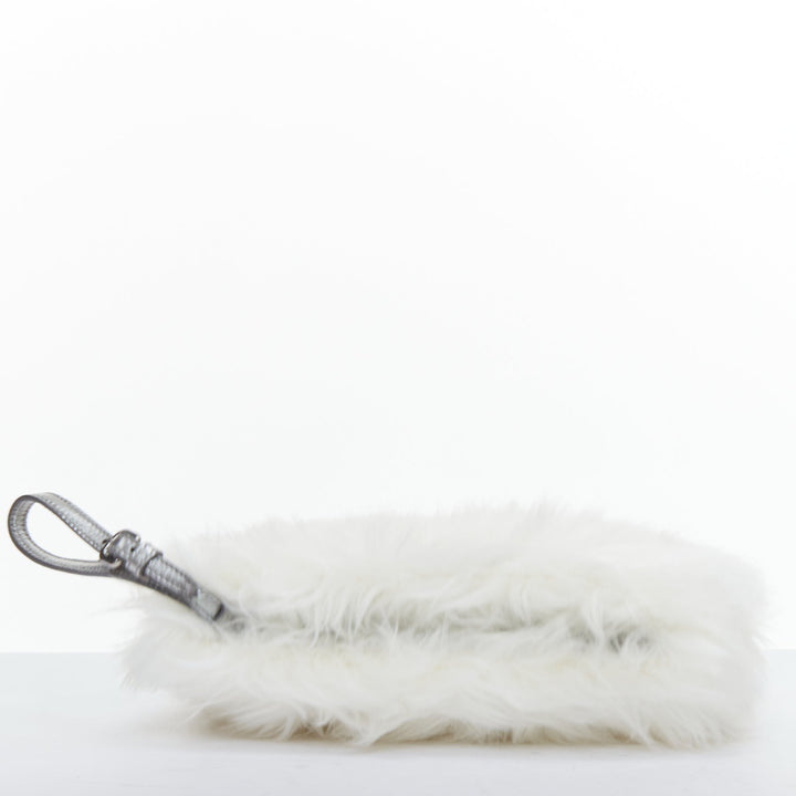 PRADA white faux fur silver triangle logo wristlet clutch bag