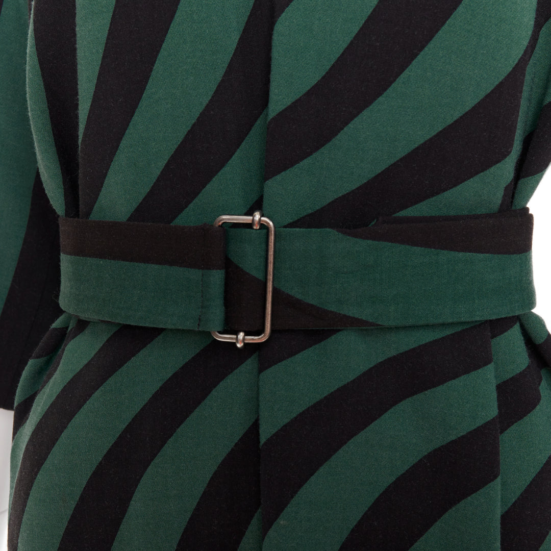 DRIES VAN NOTEN 2017 green black swirl stripes graphic belted dress FR42 XL