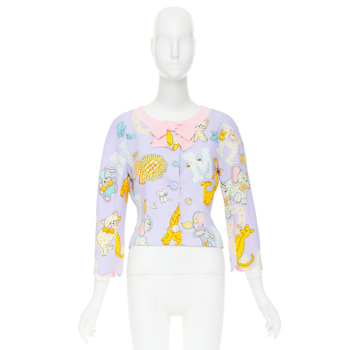 MOSCHINO COUTURE! 2022 Runway Calico Animals purple pink bow crop jacket IT40 S