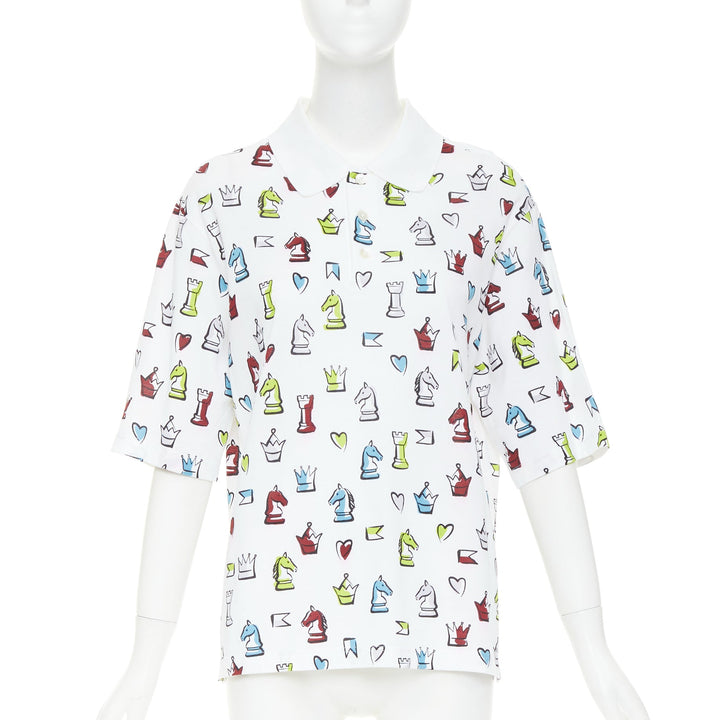 HERMES 2022 white multicolor animal chess print playgrounds cotton polo shirt S