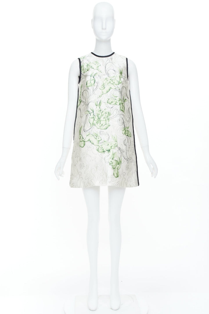 PRADA 2018 Runway James Jean rabbit liberty green silk piping dress IT38 XS