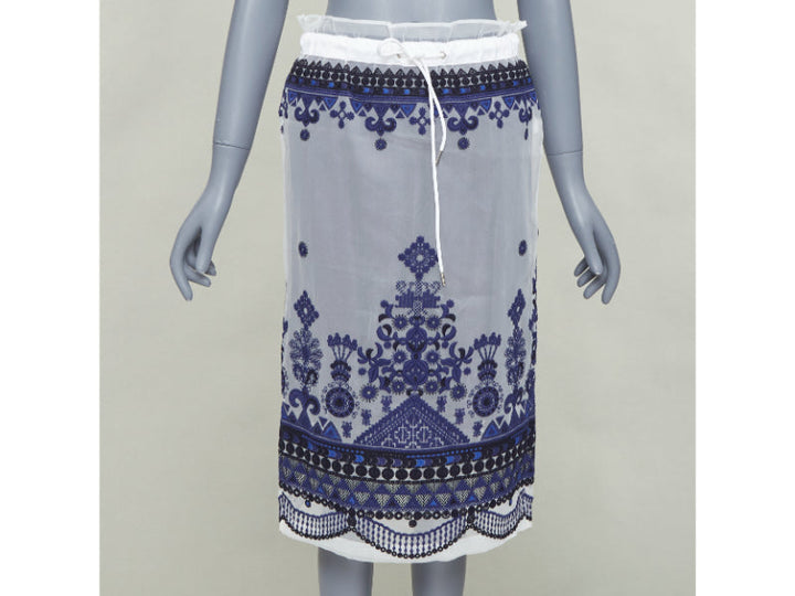 SACAI 2017 white navy blue sheer ethnic embroidery paperbag midi skirt JP1 S