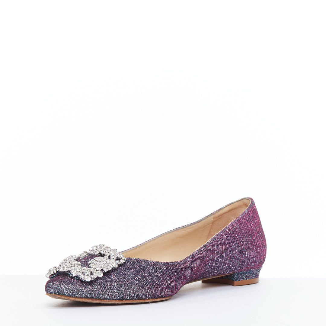 MANOLO BLAHNIK Hangisi purple glitter fabric strass buckle pointy flats EU37