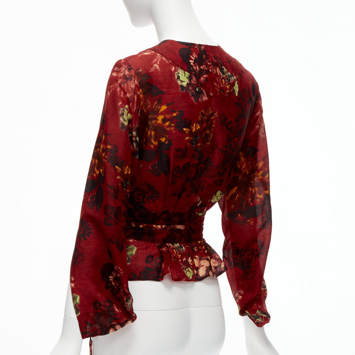 KENZO Vintage red floral silk wool kimono sleeves wrap tie top FR36 S