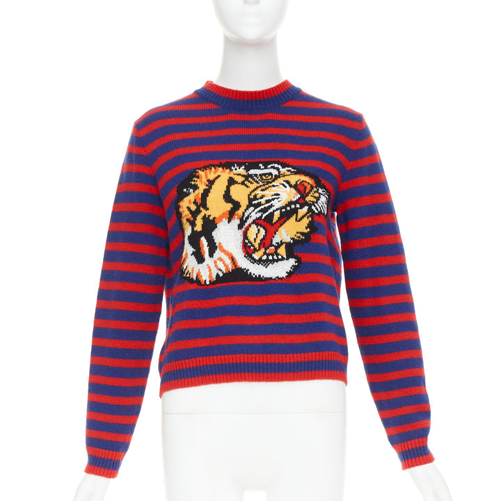 GUCCI 2017 Runway wool red blue stripe Tiger Head intarsia crew sweater XS