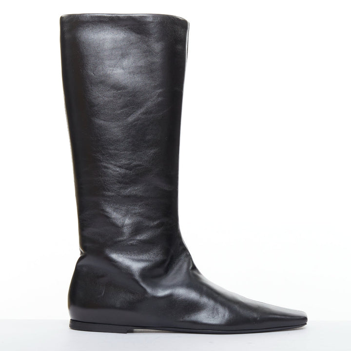 THE ROW Bette black leather square toes knee high flat boots EU37.5
