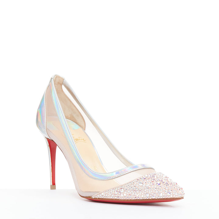 CHRISTIAN LOUBOUTIN Galavati Strass silver iridescent mesh crystal heels EU36.5