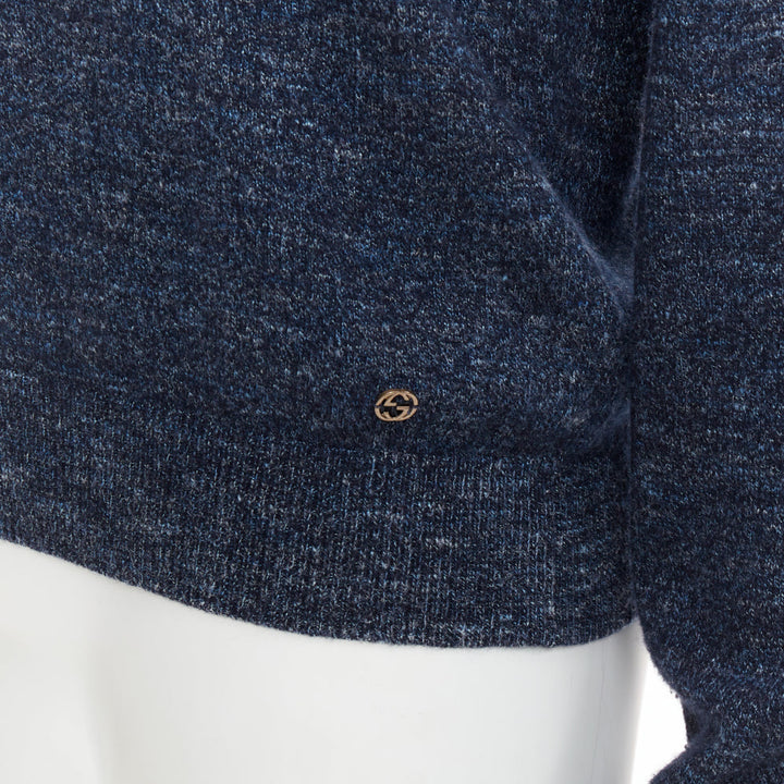 GUCCI navy wool silk cashmere melange V neck GG logo charm sweater L
