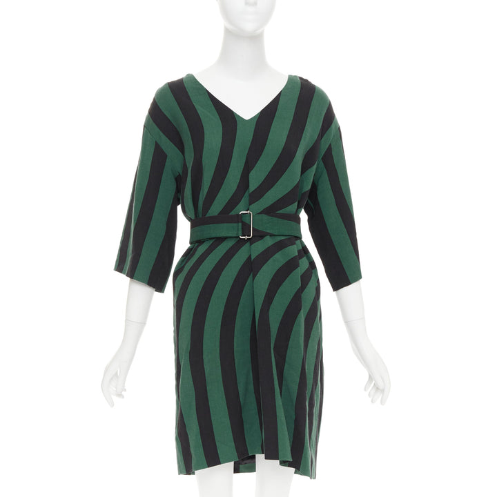 DRIES VAN NOTEN 2017 green black swirl stripes graphic belted dress FR42 XL