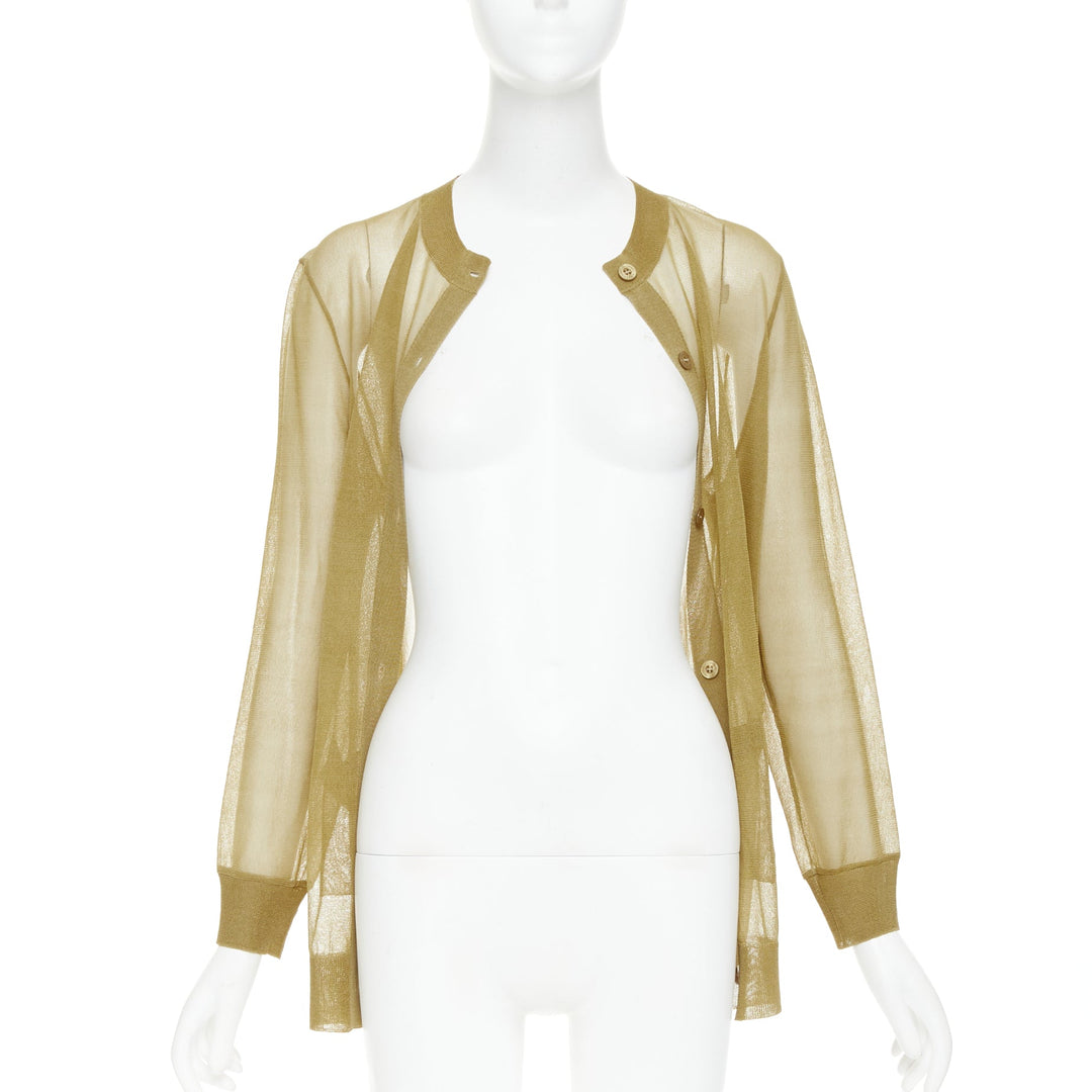 SAINT LAURENT 2024 100% silk  beige gold sheer crew neck cardigan top L