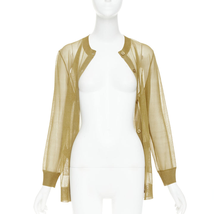 SAINT LAURENT 2024 100% silk  beige gold sheer crew neck cardigan top L
