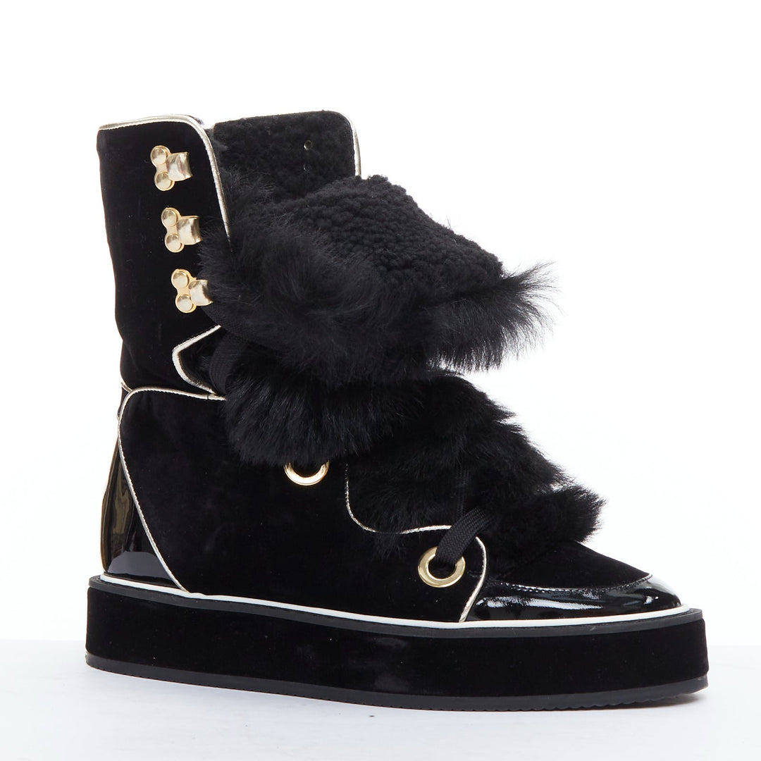 NICHOLAS KIRKWOOD Polly Neige black patent fur trim snow boots