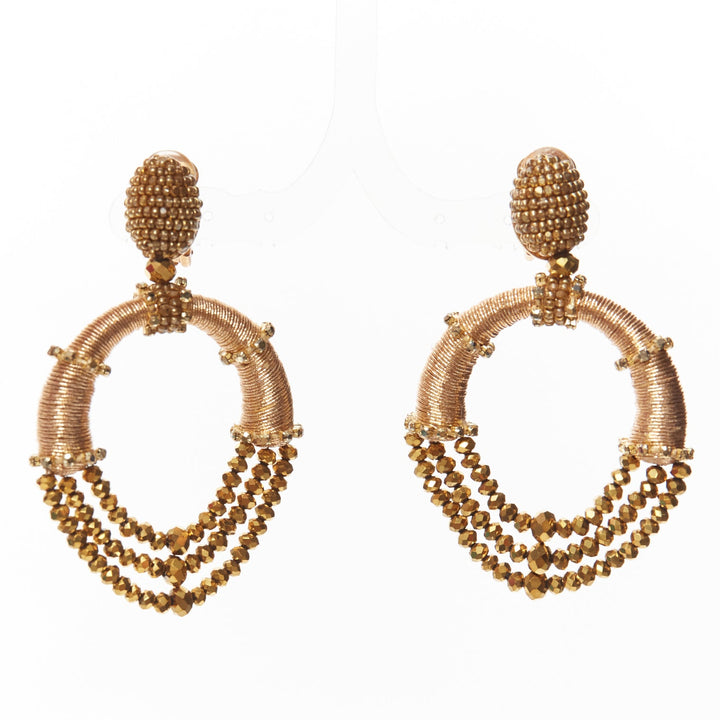 OSCAR DE LA RENTA bronze gold beaded coil big hoop clip on earrings pair