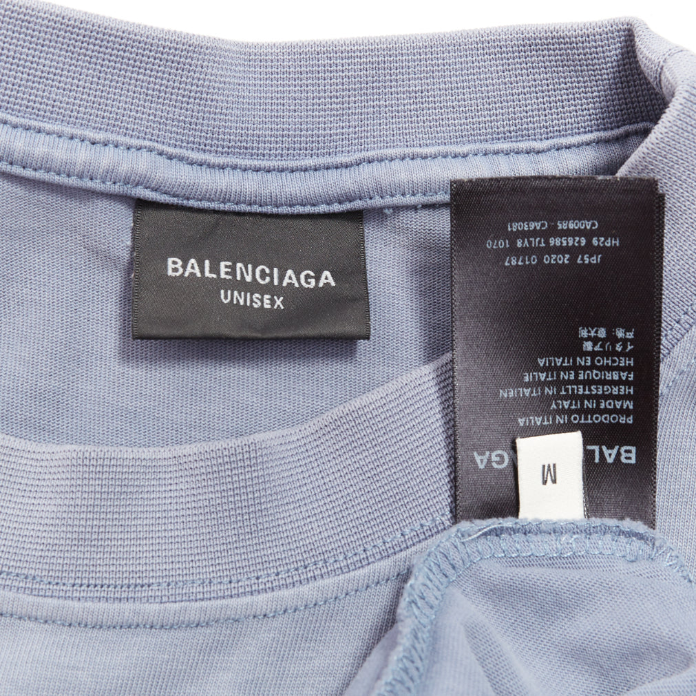 BALENCIAGA 2020 100% wool washed blue logo print crew neck oversized tshirt M