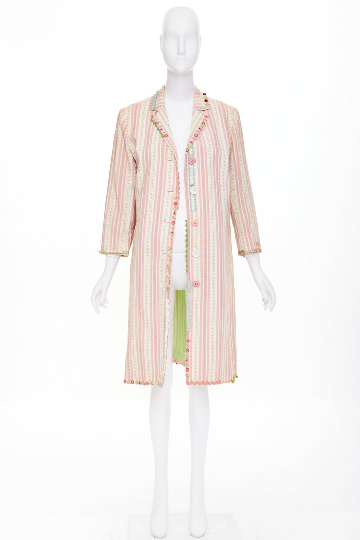MOSCHINO Cheap and Chic pink beige striped floral trim cotton long coat IT46 XL