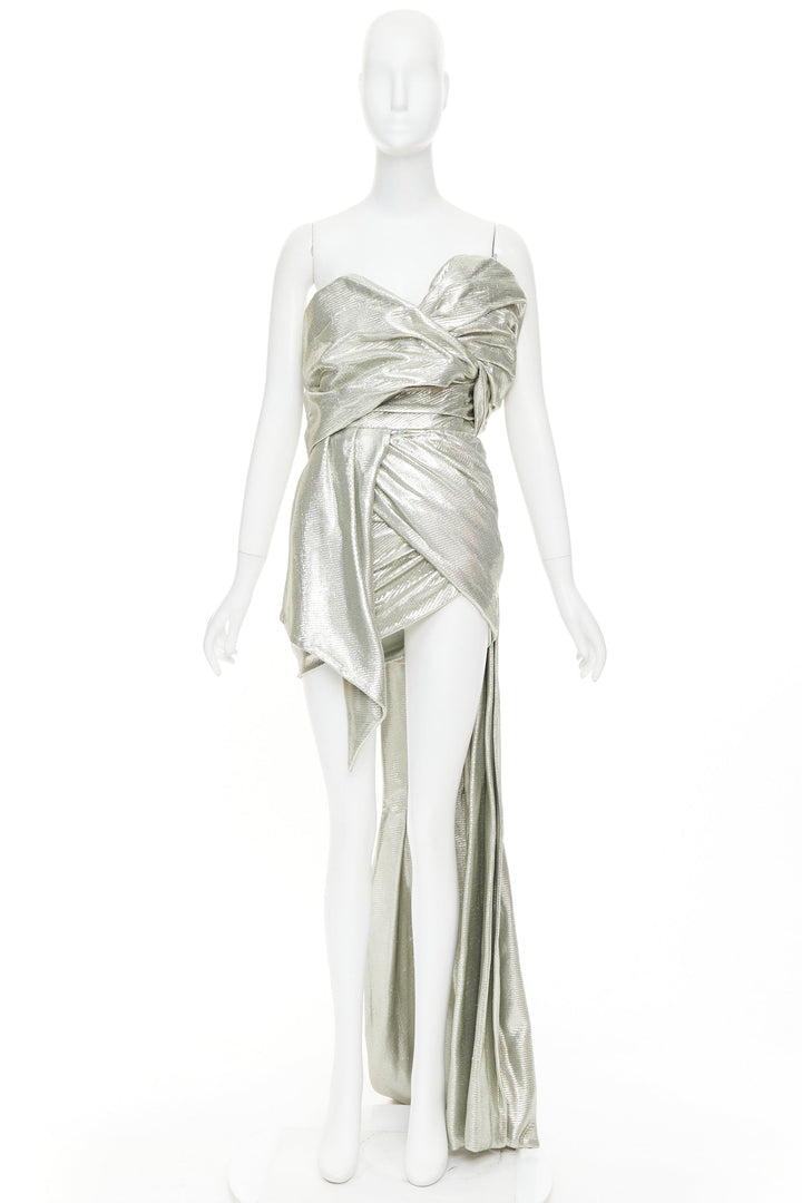 rare ALEXANDRE VAUTHIER COUTURE AW2019 Runway turquoise lame drape shoulder gown