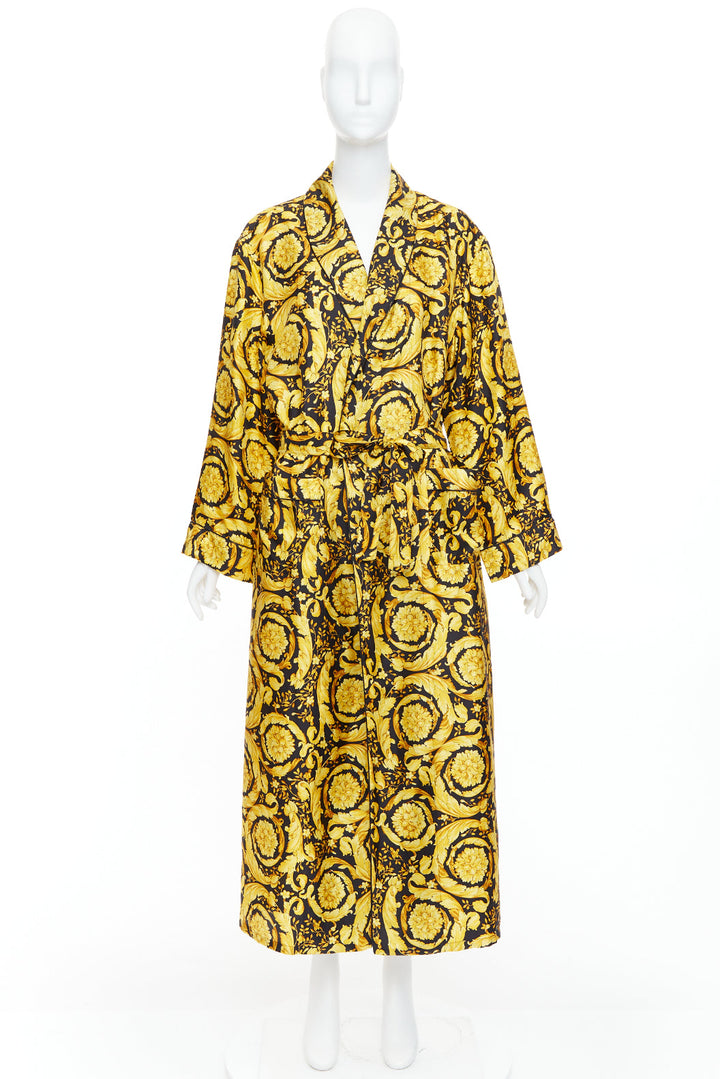 VERSACE 100% silk Signature Barocco Baroque print gold black robe gown Sz3 L