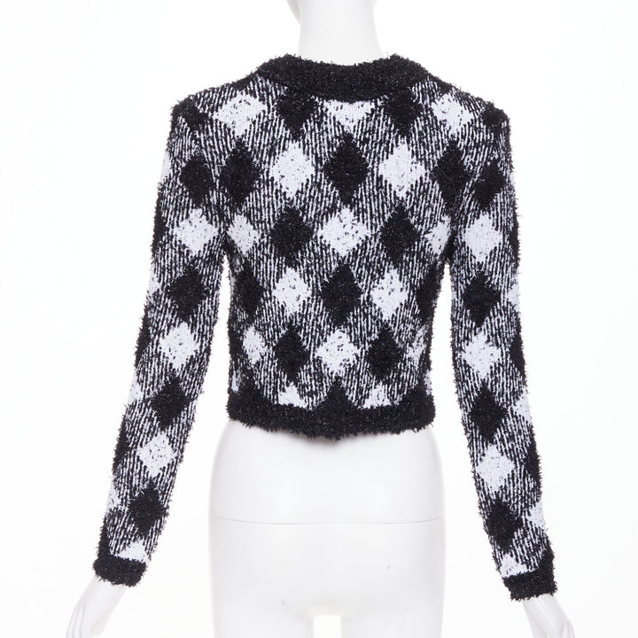 BALMAIN 2023 metallic vichy plaid houndstooth check knit crop cardigan FR34 XS