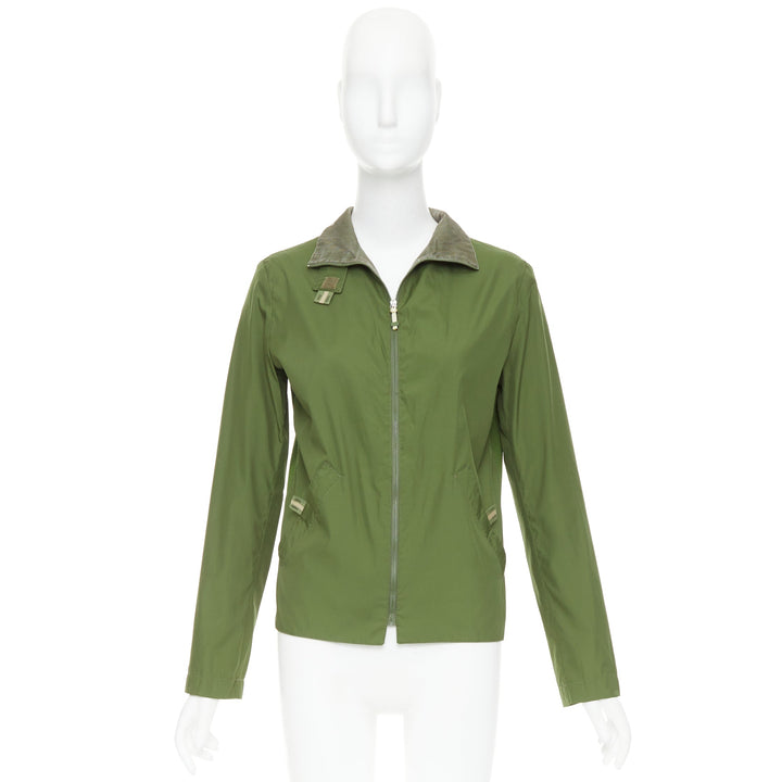 FENDI JEANS Vintage green nylon technical small logo zip up jacket