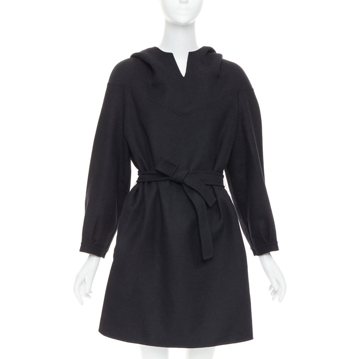 CHRISTIAN DIOR black wool angora cashgora hooded belted popover dress FR38 M