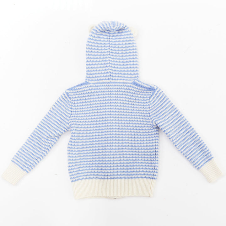 MONCLER ENFANT KIDS blue cream striped knit wool hooded ear cardigan sweater 3Y