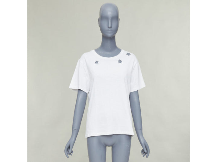 SAINT LAURENT off white cotton star embroidered cut out relaxed tshirt