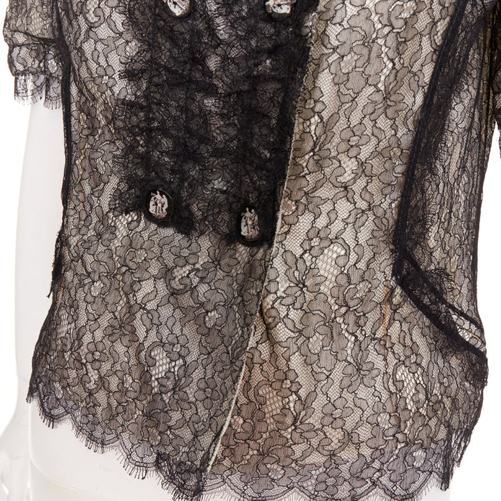 NINA RICCI black lace holographic buttons scallop double breasted blouse IT38 XS